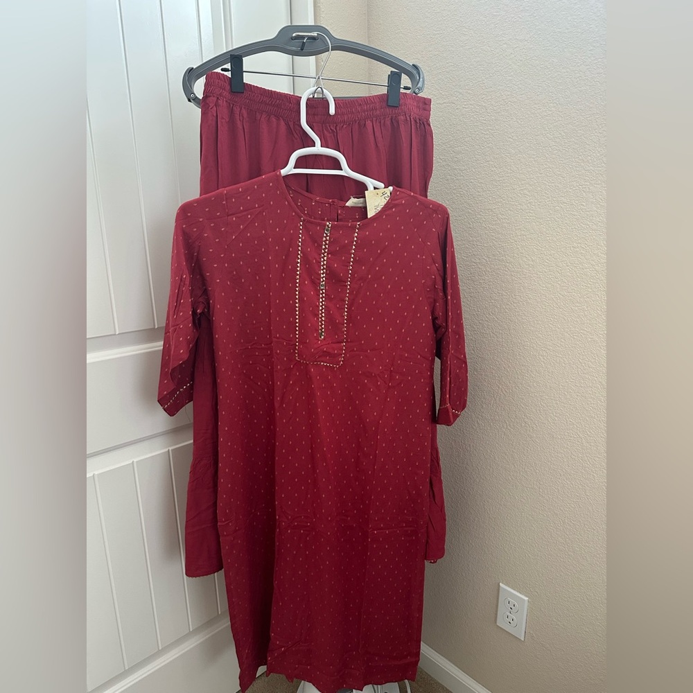 Red Kurta Set with Gold Detailing